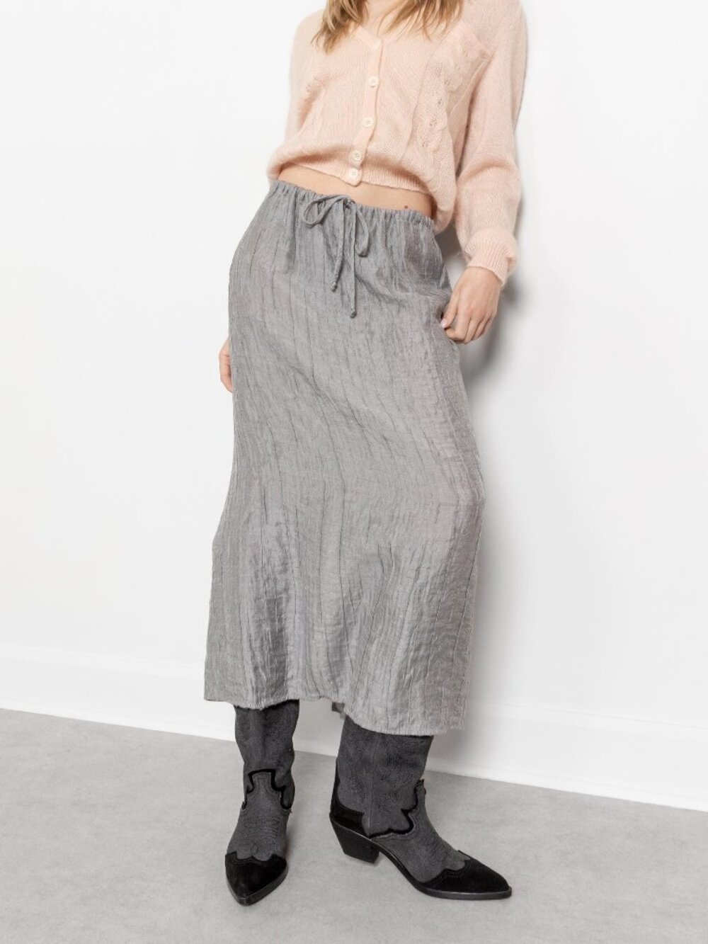 CRINKLE LINEN MAXI Skirt Vintage Low Rise Light / Small Medium - Picture 9 of 10